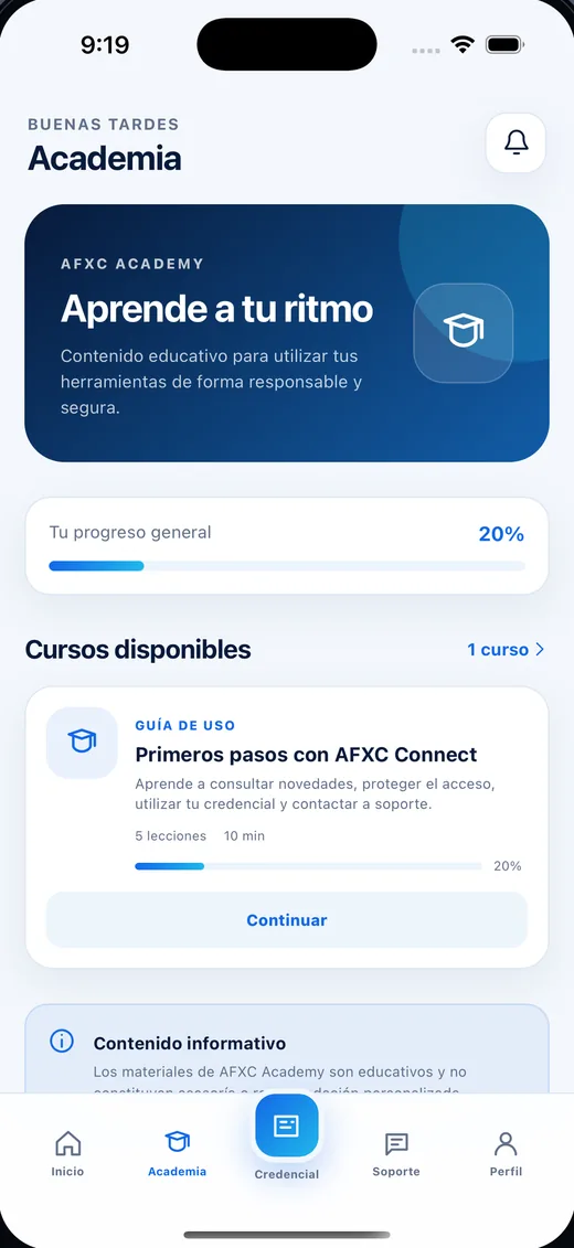 AFXC Connect: pantalla Academia